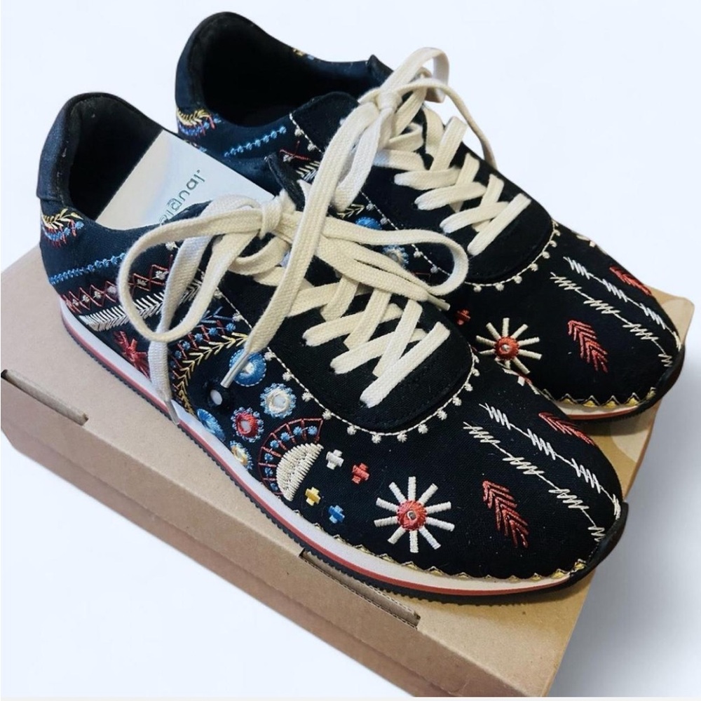 Desigual Black Sneakers with Multicolor Embroidery (New with Box)
